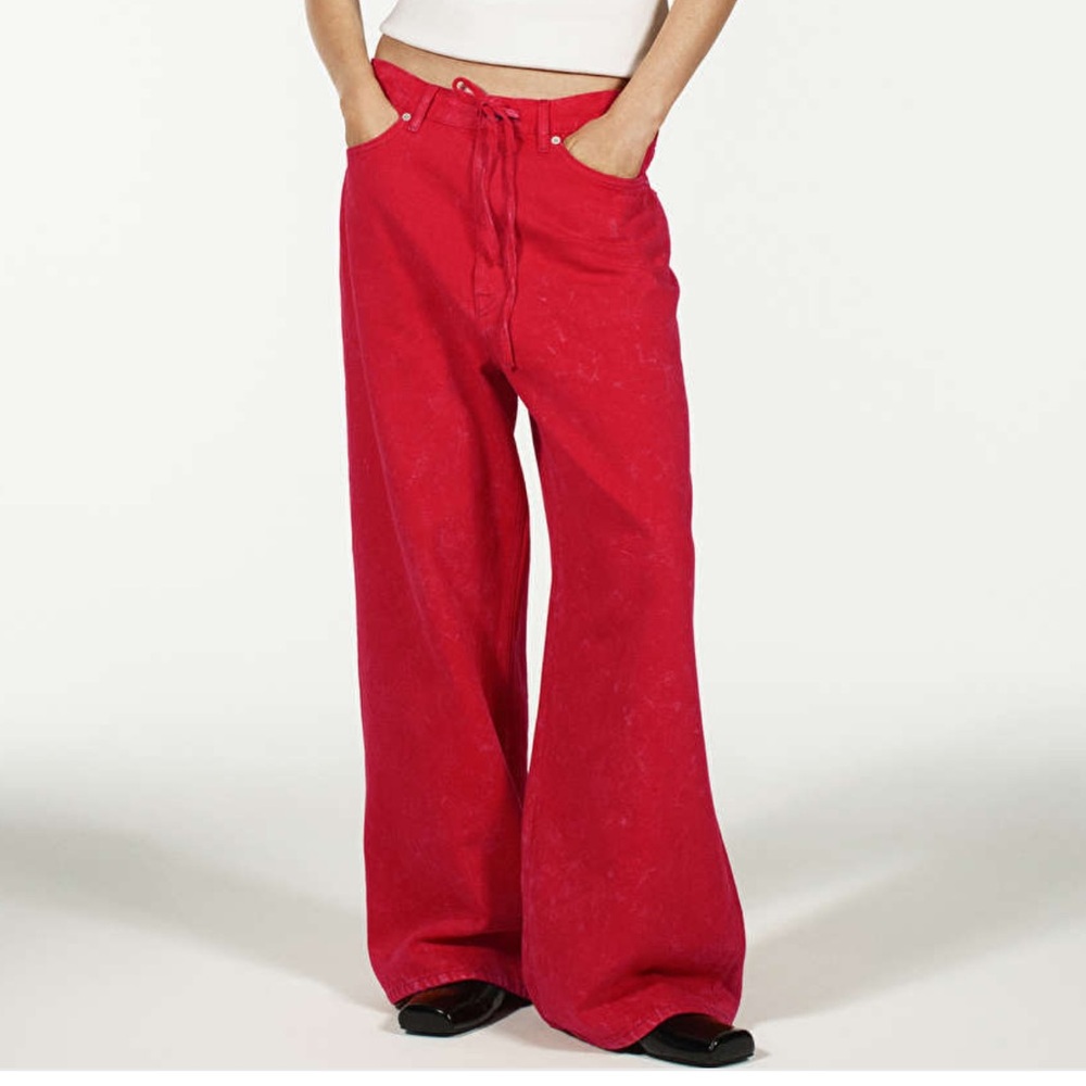 Red drawstring denim pants